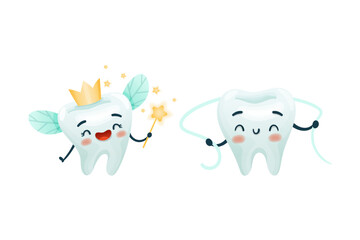 Dental Care with Cute Funny Tooth Character with Floss and Magic Wand Vector Set