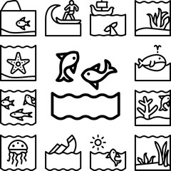 Fish, ocean, jumping icon in a collection with other items