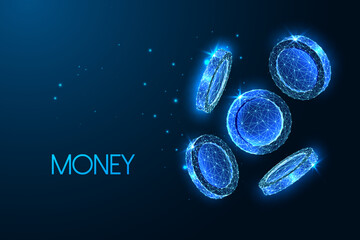 Money, finance concept with falling shiny coins in futuristic glowing low polygonal style on blue  - obrazy, fototapety, plakaty