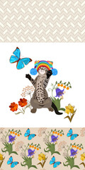 Playful kitten in a knitted hat with pom-poms catches a big blue butterfly isolated on a white background and two matching fabrics with floral ornaments and a zigzag pattern in vector.