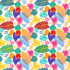 Multicolor seamless floral ornament with hibiscus flowers and various tropical leaves on a white background in vector. Natural exotic print for fabric, wallpaper.