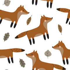 Seamless pattern with cute foxes. Vector illustration isolated on white background for your design.