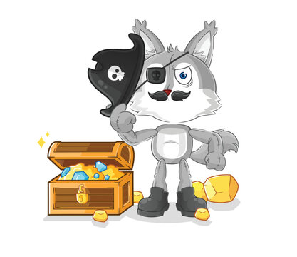 wolf pirate with treasure mascot. cartoon vector