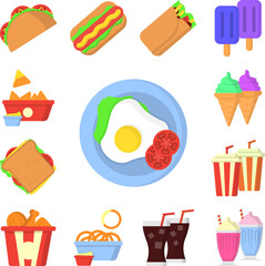 Fried egg tomato color icon in a collection with other items