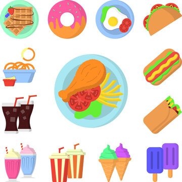 Chicken leg tomato french fries color icon in a collection with other items