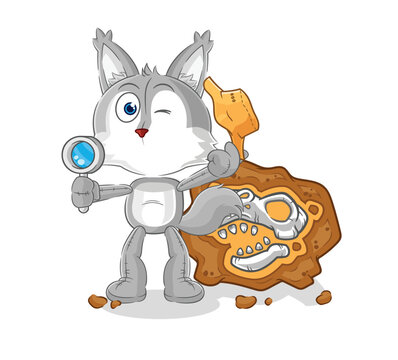 wolf archaeologists with fossils mascot. cartoon vector
