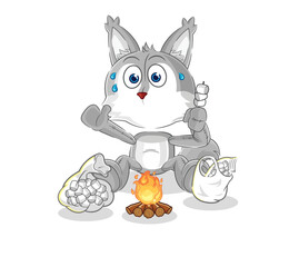 wolf roasting marshmallows. cartoon mascot vector