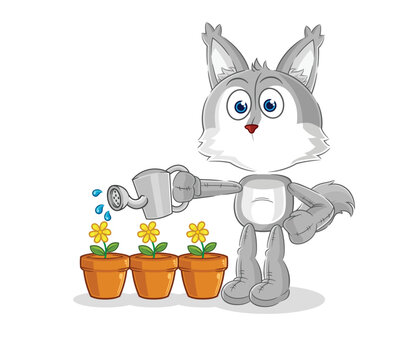 wolf watering the flowers mascot. cartoon vector