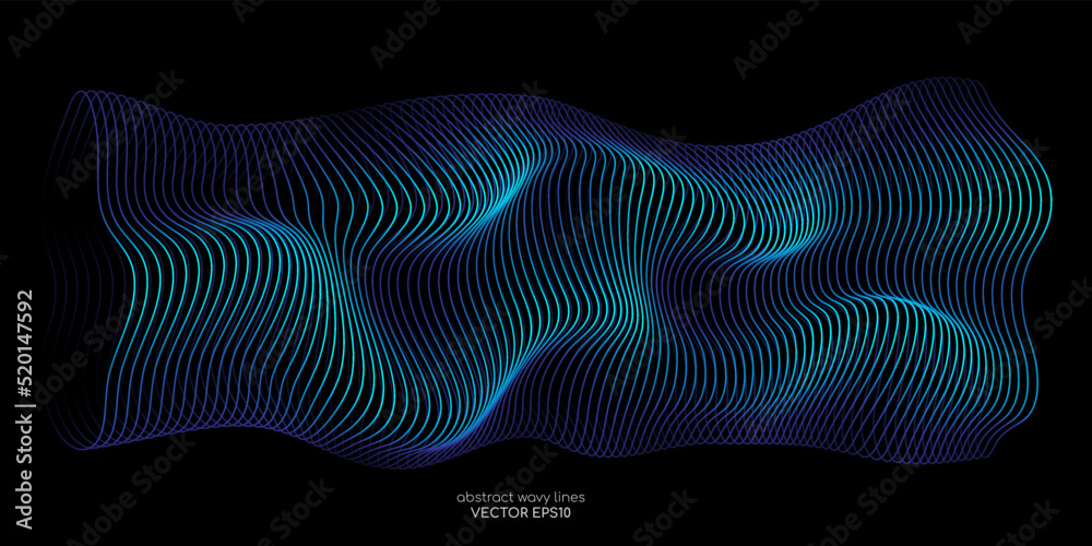 Poster 3D Vector wave lines pattern smooth curve flowing dynamic blue green gradient light isolated on black background for concept of technology, digital, communication, science, music