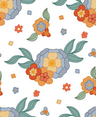 Vector seamless pattern with bouquet of groovy flowers and stems on white background with ditsy. Retro hippie floral texture.