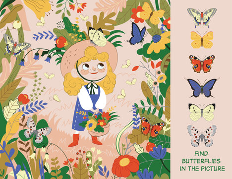 The girl examines butterflies in nature. Find six butterflies in the picture. Hidden Object Puzzle. Vector illustration