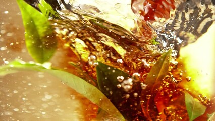 Super Slow Motion Shot of Pouring Tea into Whirl with Green Leaves at 1000fps.