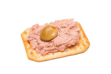 Crispy Salted Cracker with Liver Pate and Olives - Isolated on White. Easy Snack - Isolation