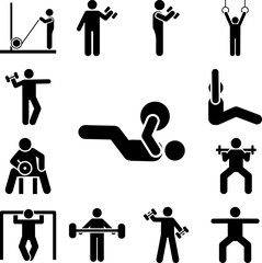 Ball gym man sports exercise with arrow pictogram icon in a collection with other items