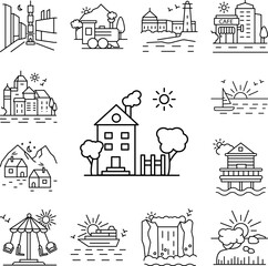 House in the village line icon in a collection with other items