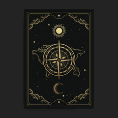 Compass with sun, moon and continents background
