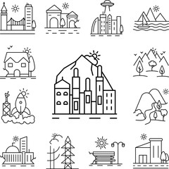 Obraz premium Industrial building near the mountains line icon in a collection with other items