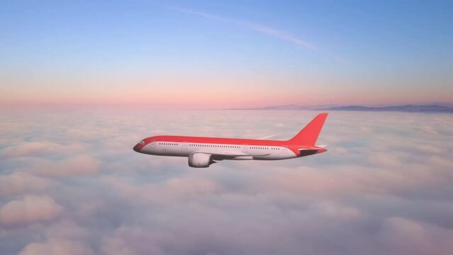 side aerial view of passenger plane aircraft flying over clouds,tracking shot from drone view of commercial airplane fly in the sky