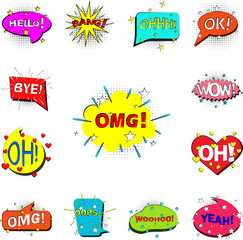 pop art OMG bobble color icon in a collection with other items