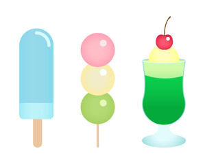 Sweet summer dessert illustration set. Eye cream, candy bar, melon soda illustration graphic.