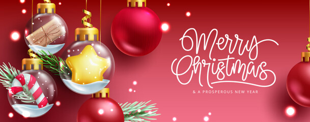 Christmas greeting decoration vector design. Merry christmas text with 3d hanging xmas balls element in red background for holiday season. Vector illustration.
