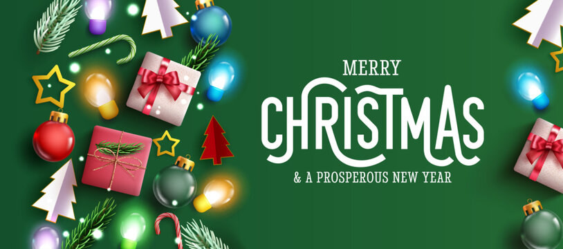 Christmas greeting vector background design. Merry christmas text with gifts and decoration elements in green copy space for xmas holiday celebration. Vector illustration.
