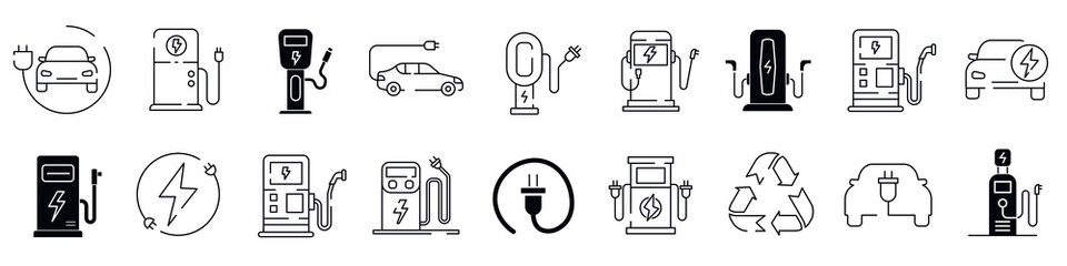 Set of 180 different  icons related to charging station for electric car. editable outline and filled icon collection