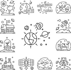 Gravitational forces on moon to spaceship icon in a collection with other items