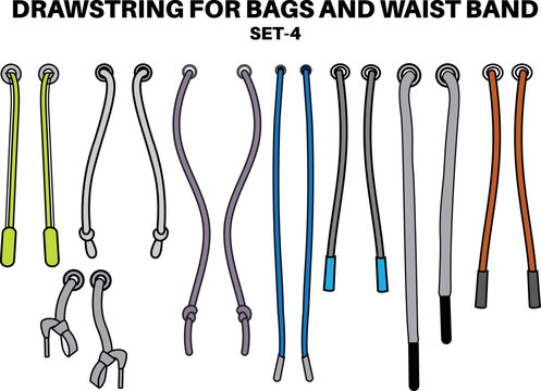Drawstring cord flat sketch vector illustrator. Set of Draw string with aglets for Waist band, bags, shoes, jackets, Shorts, Pants, dress garments, Drawcord aiglets for Clothing to pulled or tighten