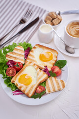 Heart shaped Fried Egg on Toast Bread and cup of fresh hot espresso coffee