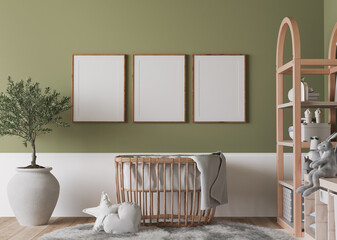 Nursery design, wooden furniture in green baby room, Scandinavian style, 3d render 