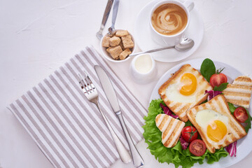 Heart shaped Fried Egg on Toast Bread and cup of fresh hot espresso coffee