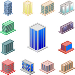 isometric office building icon in a collection with other items