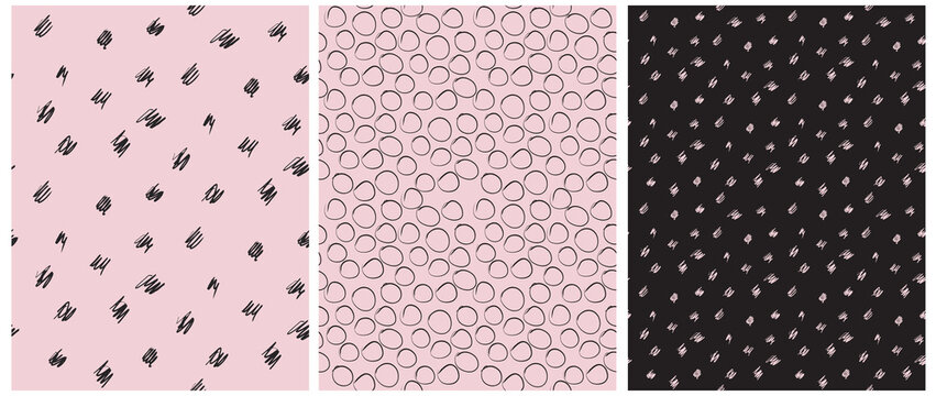 Abstract Hand Drawn Vector Patterns. Black and Pink Brush Spots and Circles on a Light Pink and Black Background. Modern Irregular Geometric Seamless Pattern. Cool Repeatable Abstract Doodle Print.