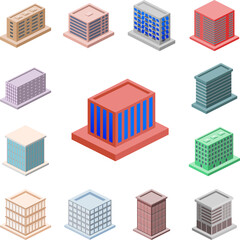 isometric office building icon in a collection with other items