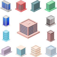 isometric office building icon in a collection with other items