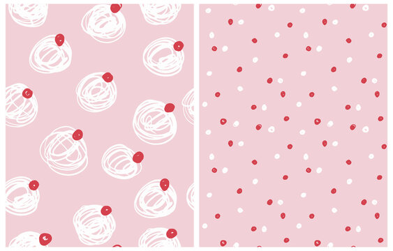 Abstract Hand Drawn Vector Patterns. Red and White Brush Dots on a Light Pink Background. Modern Irregular Geometric Seamless Pattern. Cool Repeatable Dotted Print in Pastel Color ideal for Fabric.