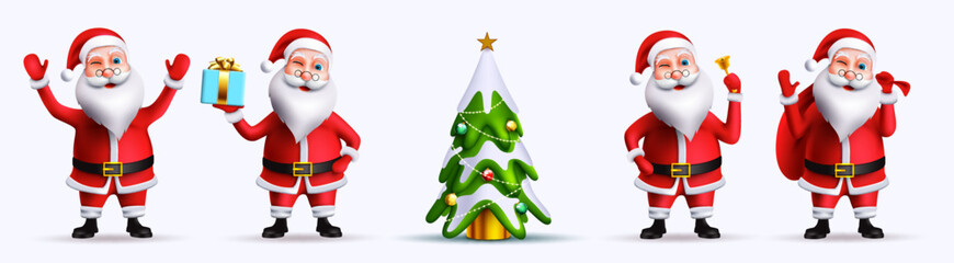 Santa claus characters vector set. Santa claus in 3d realistic character in christmas friendly pose and gesture isolated in white background for xmas collection design. Vector illustration.
