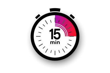 15 minutes timer. Stopwatch symbol in flat style. Isolated vector illustration. - obrazy, fototapety, plakaty