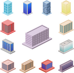 isometric apartments building icon in a collection with other items