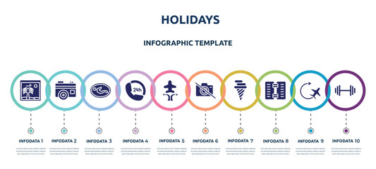 holidays concept infographic design template. included vacation images, vintage digital photo camera, nursing room, 24 hours phone attention service, airplanes and arrows, no photos, icecream cone,