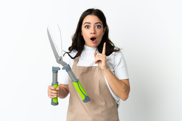 Young caucasian woman holding a plant isolated on white background intending to realizes the solution while lifting a finger up