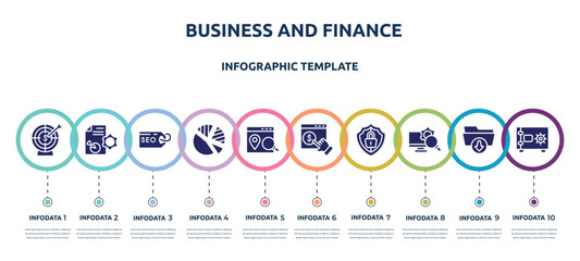 business and finance concept infographic design template. included target with an arrow, seo report, seo tags, pie chart with piece, place optimizer, monetizing, big protection shield, monitoring