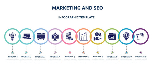 marketing and seo concept infographic design template. included light modern lamp tool, blog commenting, page quality, rocket launch monitor, three dollar coins stacks, seo performance, dollar coins