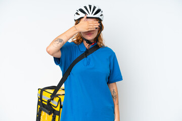 Young caucasian woman with thermal backpack isolated on white background covering eyes by hands. Do not want to see something