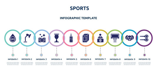 sports concept infographic design template. included h2o, adjustable lamp, book of fairy tales, sports and competition, feeder, juice box, x ray, basketball equipment, badminton icons and 10 option