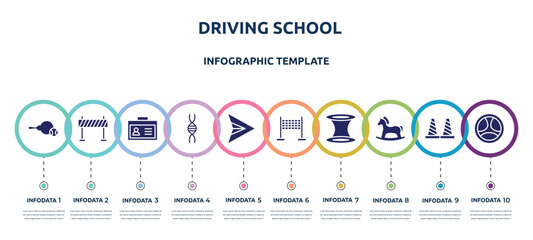 driving school concept infographic design template. included table tennis, traffic barrier, student card, genetic, paper airplane, finish, wormhole, hobby horse, driving icons and 10 option or