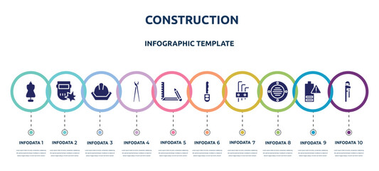 construction concept infographic design template. included tailor, weld, head protection, pincers, drawing tool, car key, allen keys, extractor, hand tool icons and 10 option or steps.