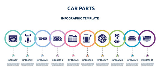 car parts concept infographic design template. included car sunroof or sunshine roof, car chassis, grille or radiator grille, headlight, radiator, petrol tank, hubcap, connecting rod, bonnet icons