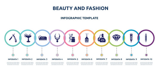 beauty and fashion concept infographic design template. included open razor, martini glass with straw, hand comb, aztec necklace, gene, hand soap, perfume retro bottle, big diamond, eye pencil icons